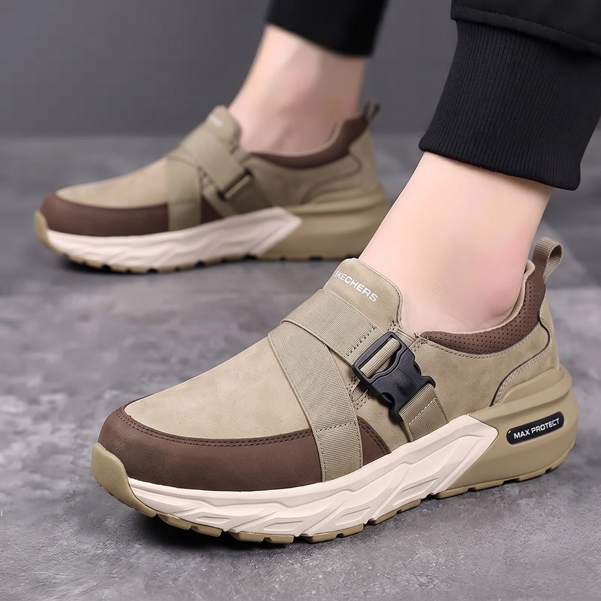 A pair of slip-on platform sneakers shown on a person&
