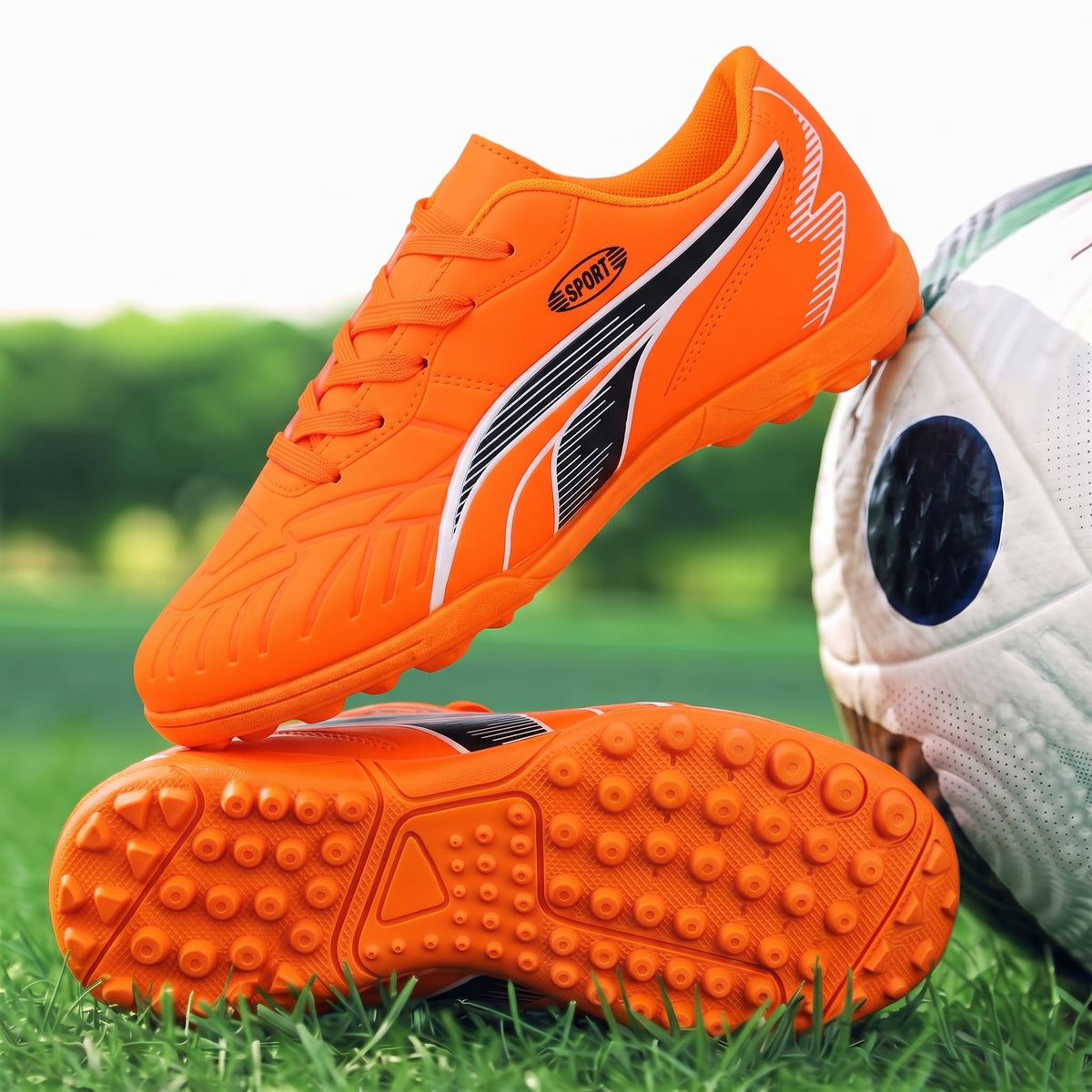 Bright orange soccer cleats with black and white side stripes, shown on grass next to a white soccer ball. One shoe is standing upright while the other lies on its side to display the sole with turf-style studs.