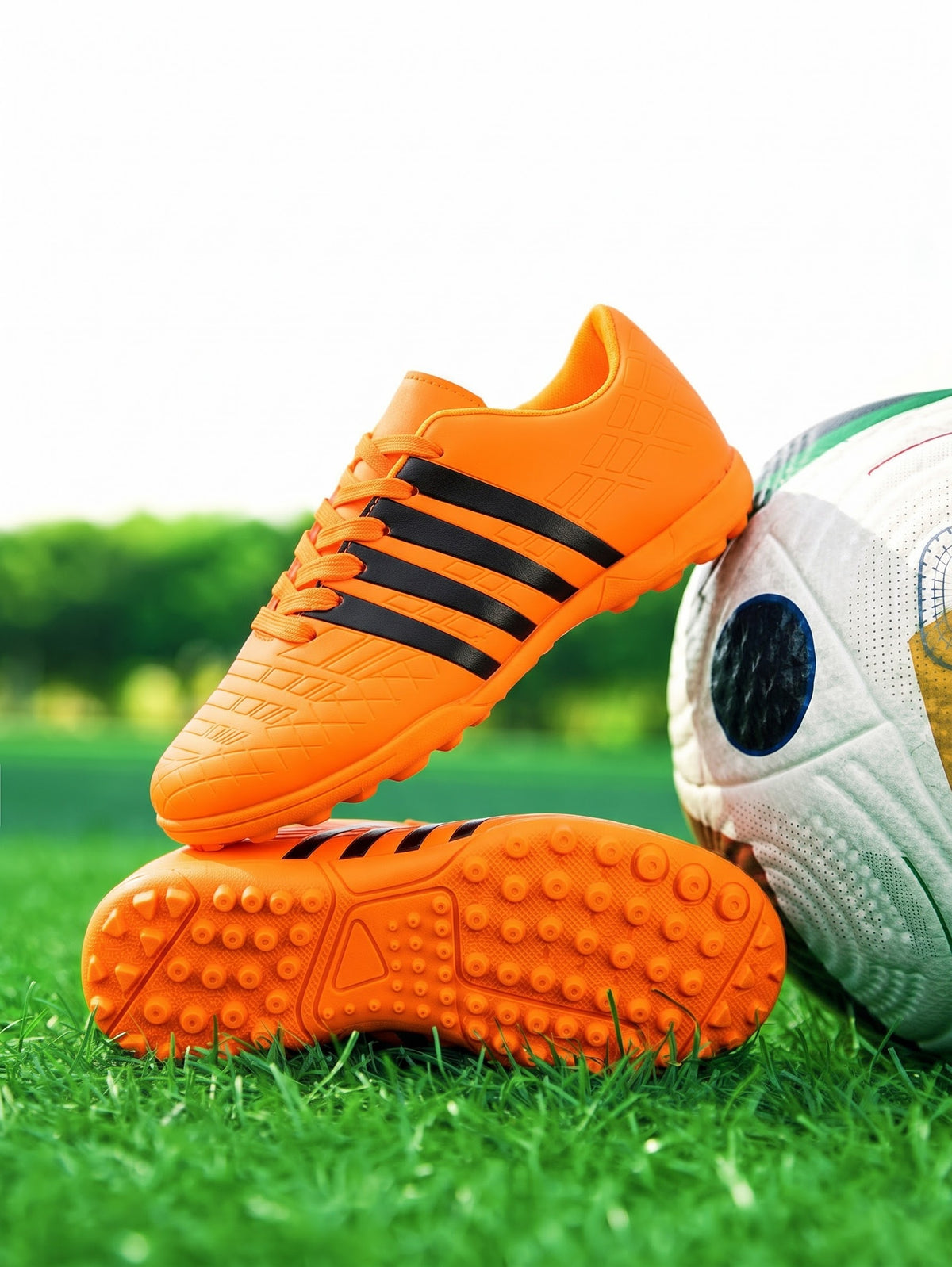 A pair of bright orange soccer cleats with black stripes, shown on green grass next to a white soccer ball.